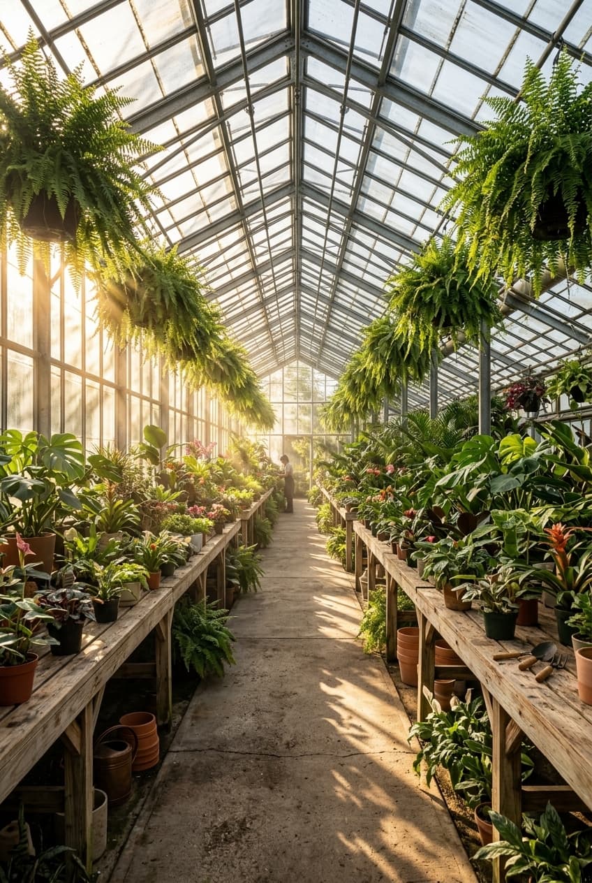 Invernadero de cultivo y plantas colgantes